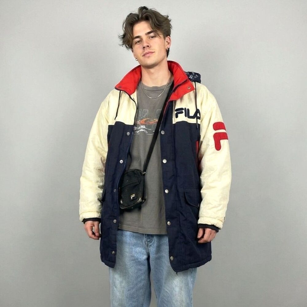 Vintage 90s FILA Colorblock Jacket Mens L Heavy Winter Streetwear Hooded Coat